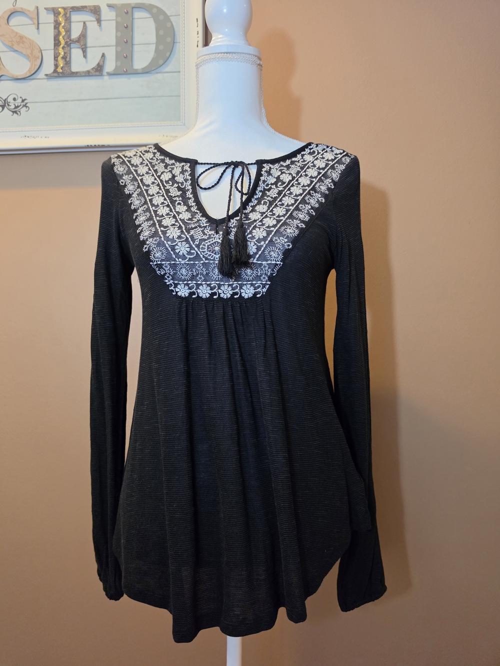 Jessica Simpson Black Tunic with White Embroidered V-Neck & Tassel Tie